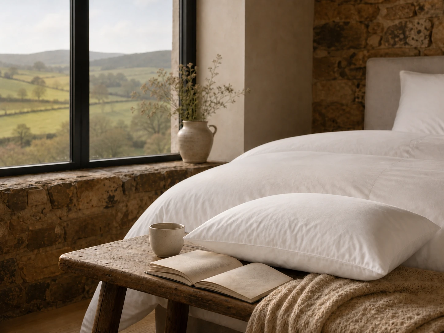 White down pillow beside an open book in a country bedroom overlooking green fields.