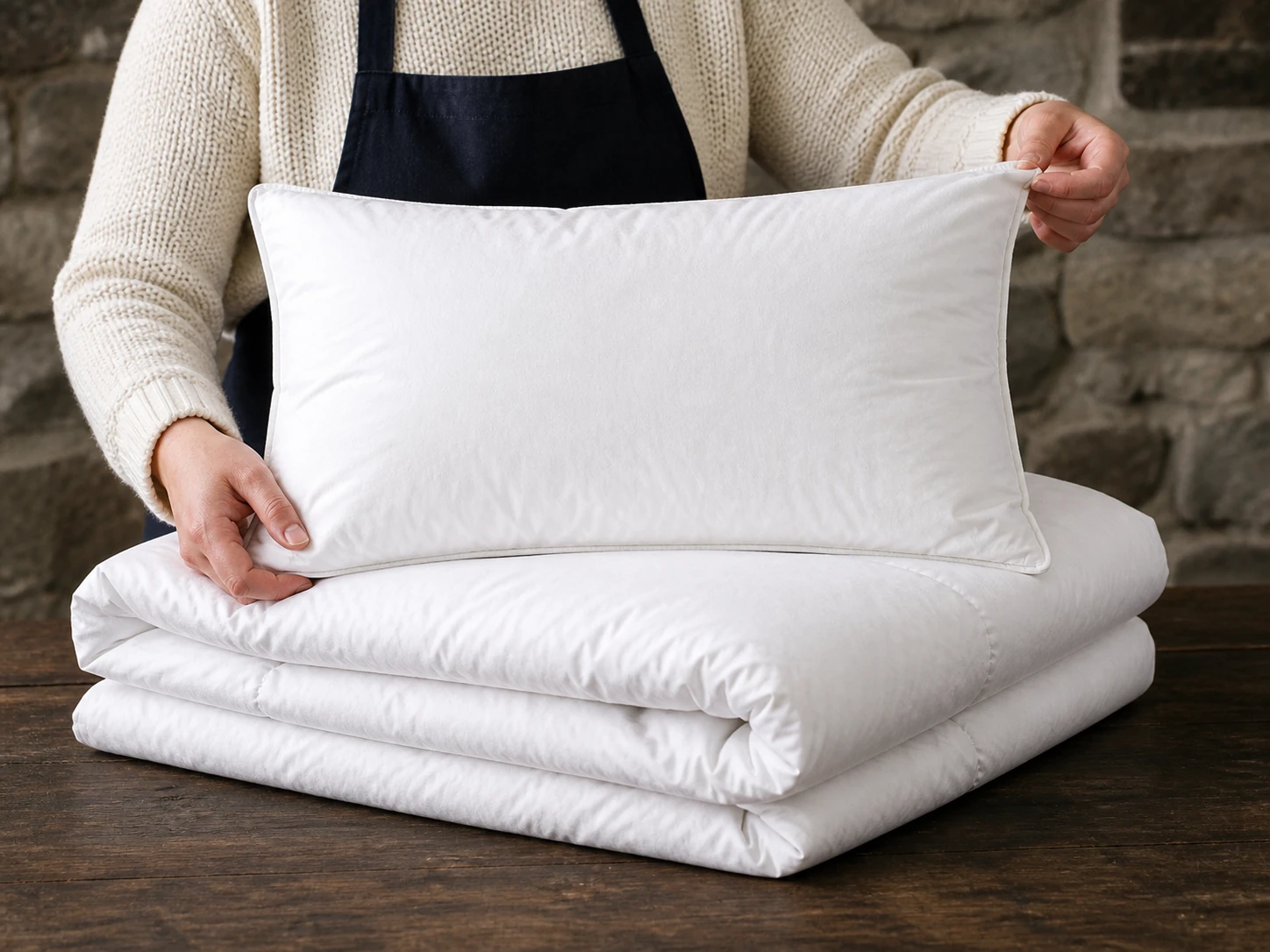 Craftsperson inspecting the piping of a white down pillow above a folded duvet.