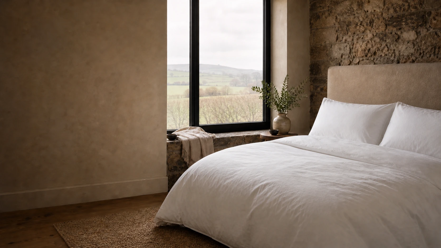 White down bedding in a stone country bedroom overlooking green fields.
