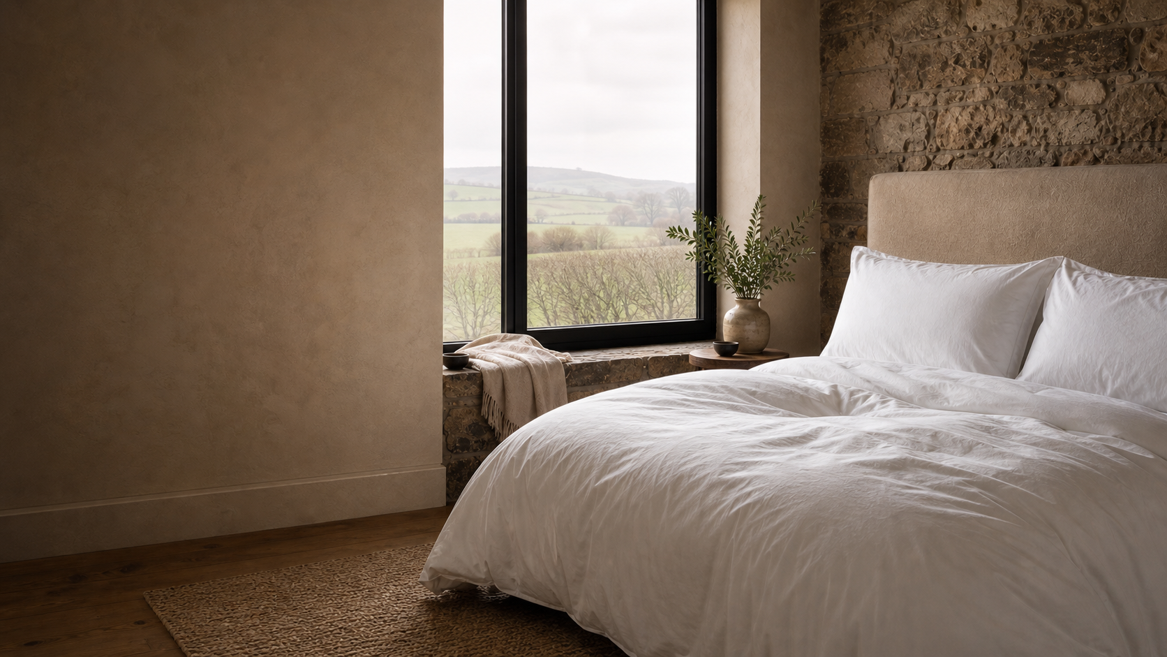 White down bedding in a stone room overlooking County Monaghan