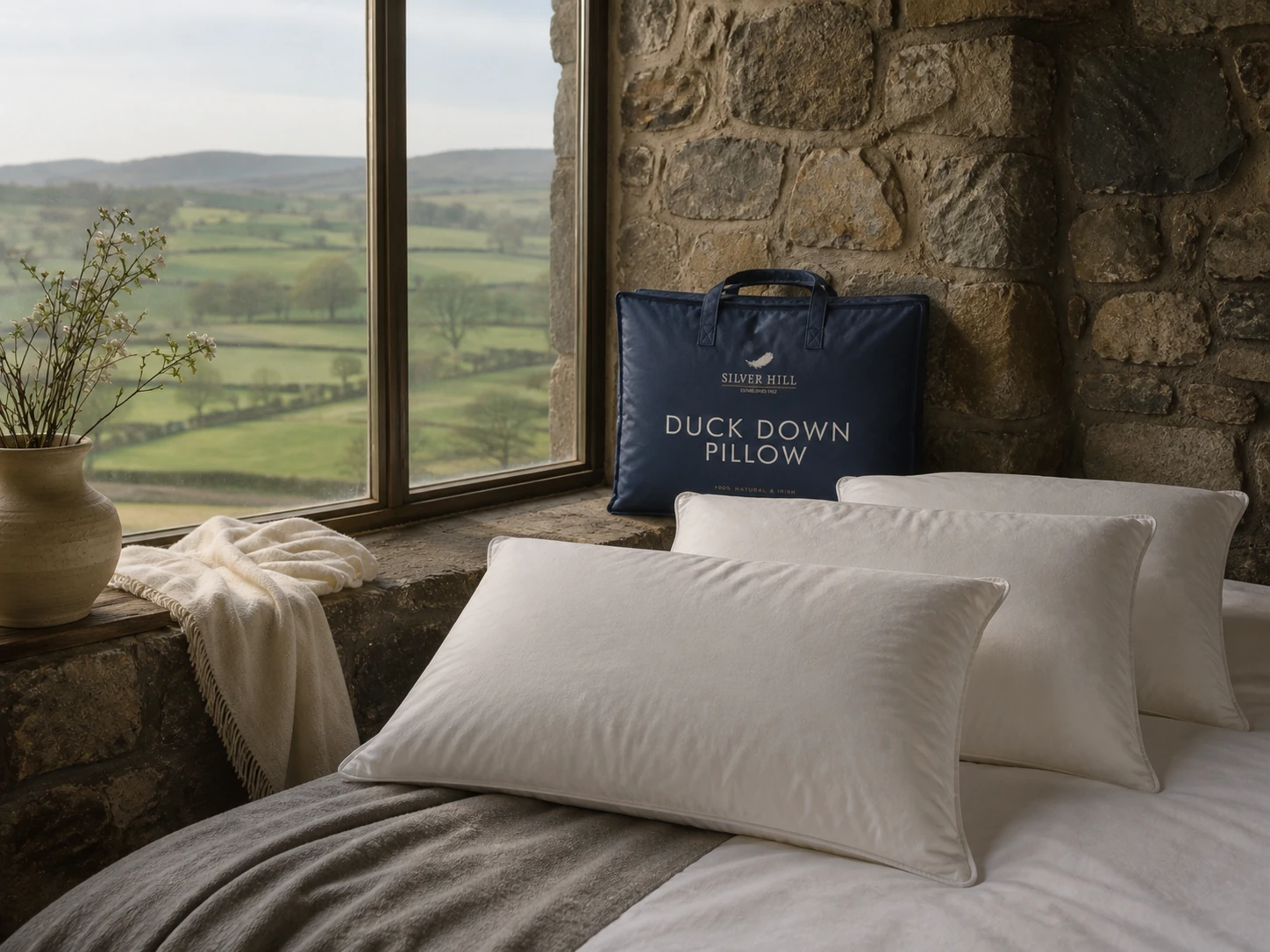 Silver Hill Duck Down Pillow bag and white pillows in a stone country bedroom.