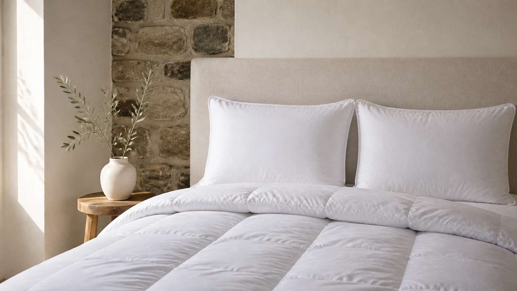 Two white down pillows and a down duvet in a naturally lit stone bedroom.