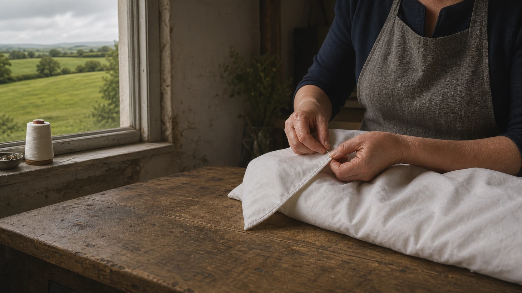 Craftsperson hand-stitching the piped edge of a white down pillow beside an Irish countryside window.